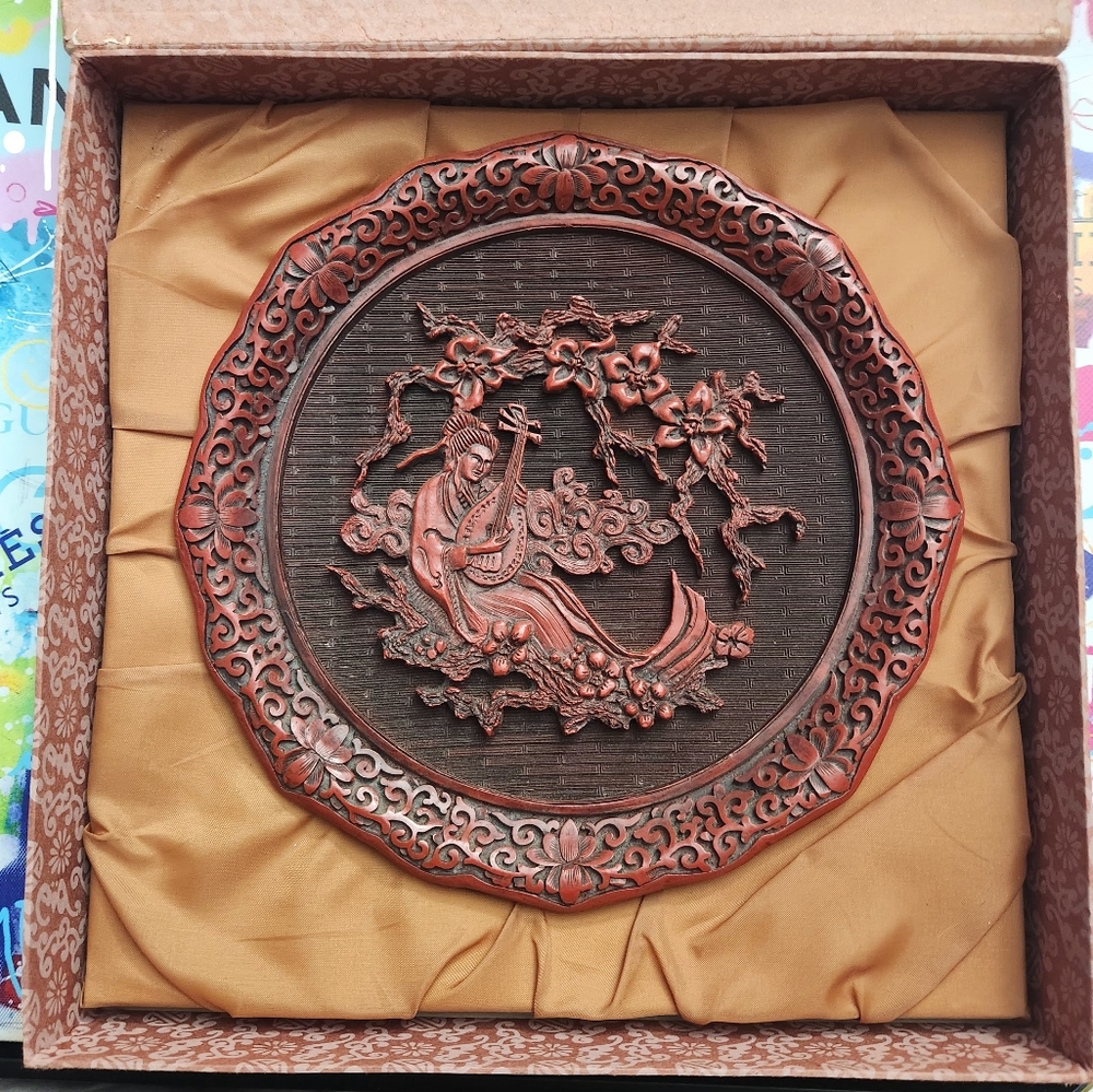 Vintage Chinese Cinnabar Sculpture Plate The Sense of Hearing Wei Cho With COA